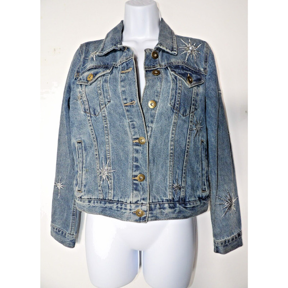 Pistola Small Denim Jean Jacket Firework Sequins Starburst 90s Y2K Art to Wear - Picture 2 of 16